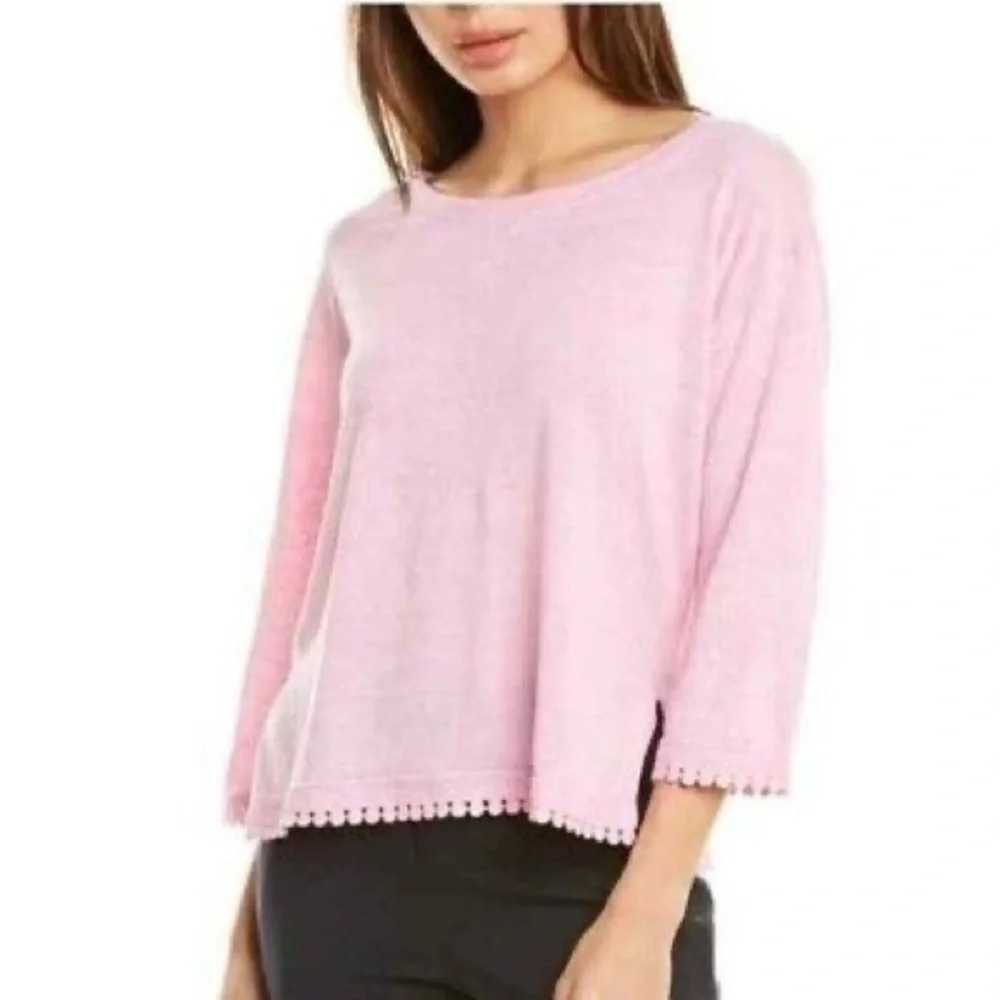 J. Crew 100% Linen Sweater Pom-Pom Trim‎ small bubblegum pink lightweight boxy